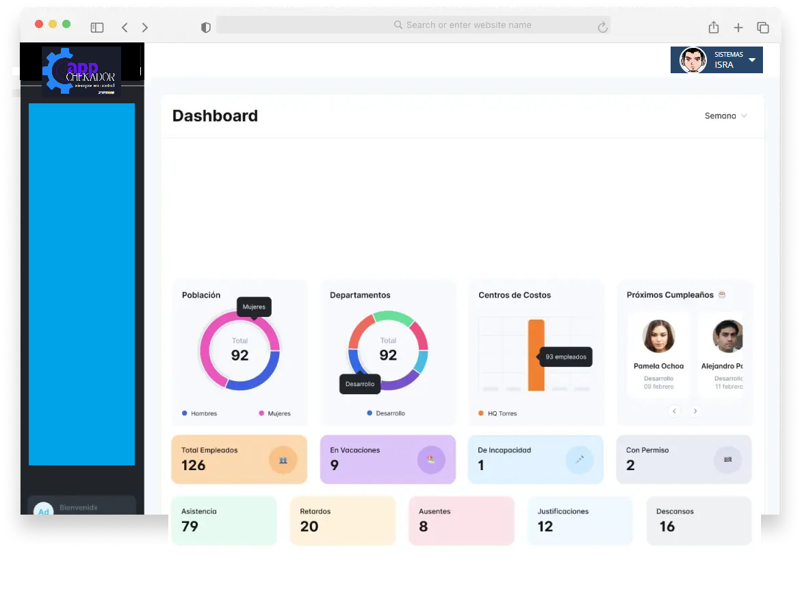 Dashboard de Chekador con población, departamentos, asistencias, retardos y ausencias